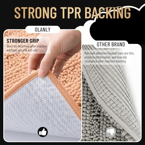 OLANLY Thick Bathroom Rugs 30x20, Soft Chenille Striped Bath Rugs, Peach