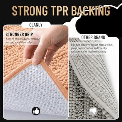 OLANLY Thick Bathroom Rugs 36x24, Soft Chenille Striped Bath Rugs, Peach