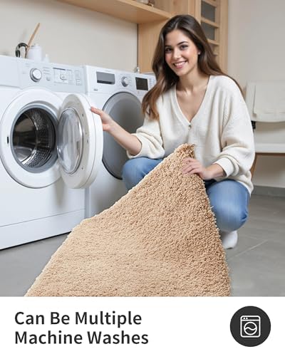 ILANGO Beige Bathroom Rugs 36" × 24" Non Slip & Super Absorbent Extra Thick Soft, Washable Bath Mat for Floor, Microfiber Plush Shaggy Bath Rug with Rubber for Bathtub Shower Room Sink