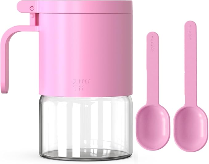 Zuutii Glass Spice Jars Moisture-Proof Containers with Spoons, 10oz/300ml Mini Seasoning Storage Jars with Flapper Caps for Salt, Sugar, Peppers (Pink)