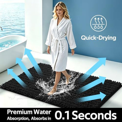 ACCUMTEK Upgrade Luxury 2 Piece Black Toilet Bathroom Rug Mat U Shape 24"x20"+48"x20", Ultra Soft Thick Absorbent Bath Mats, Non Slip Chenille Toilet Mat for Bathroom, Bedroom, Kitchen, Shower, Tub