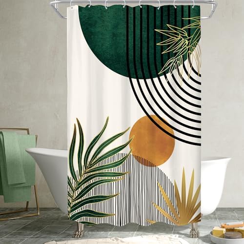 KOMLLEX Mid Century Green Boho Abstract Modern Bathroom Shower Curtain Set