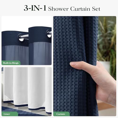 Dynamene Navy Blue Hook Free Waffle Shower Curtain & Snap-in Liner,36x75