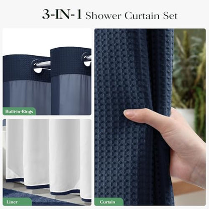 Dynamene Navy Blue Hook Free Waffle Shower Curtain & Snap-in Liner,36x75
