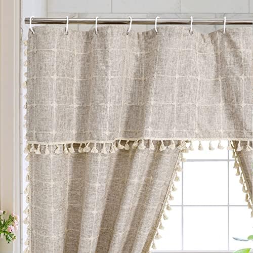 Boho Farmhouse Classic Plaid Double Swag Tassel Shower Curtain Tan,72x72