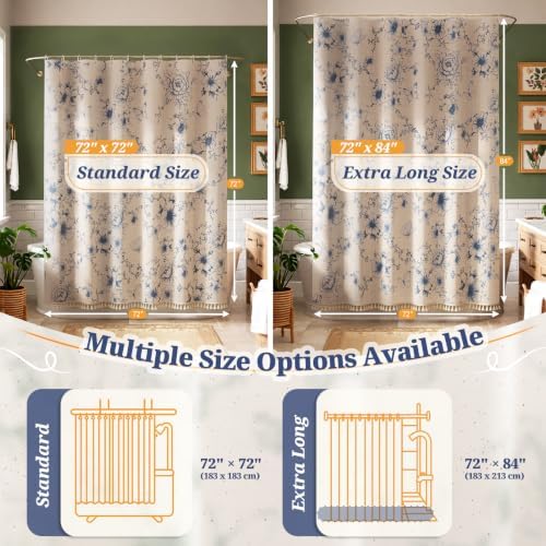 Vintage Blue Floral Shower Curtain with 12 Clear Rings - 72" W x 72" L