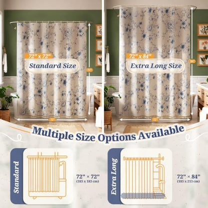 Vintage Blue Floral Shower Curtain with 12 Clear Rings - 72" W x 72" L