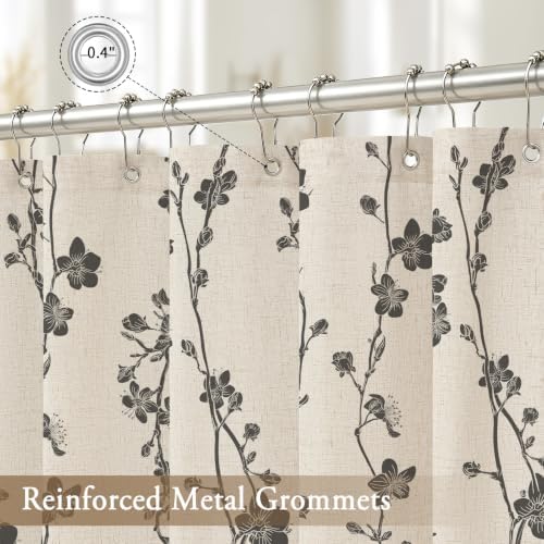 Dark Grey Farmhouse Linen Shower Curtain, Boho Floral Fabric, 72 x 78