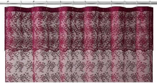TUDECO Lace Burgundy Shower Curtain with Attached Valance, 72 x 72 Inch
