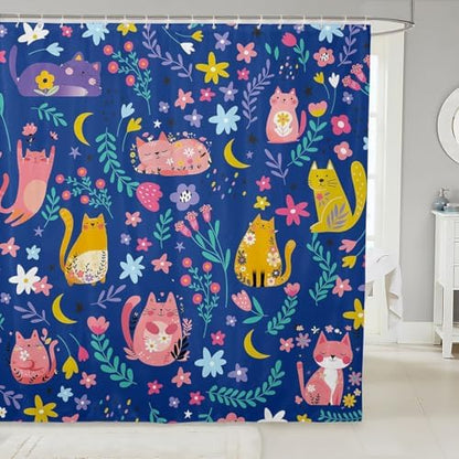 Feelyou Kids Funny Cats Shower Curtain Girls Cute Flower Cartoon Kitty Kitten Bathroom Waterproof Accessories with 12 Hooks 72x84 Inches Animal Theme Girly Kawaii Room Blue Decor