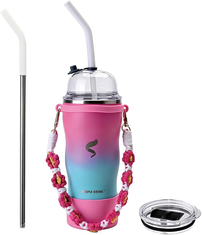 20oz Insulated Tumbler with Straw & Lid, Stainless Steel Vacuum Travel Mug, Handwoven Strap, Non-Slip Boot, Spill Proof, Pink Purple Gradient