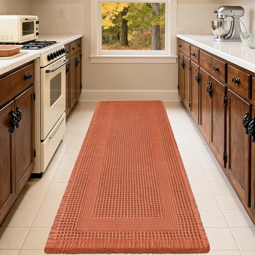 Upgrade Waffle Bath Mat, Boho Bathroom Rugs Absorbent Non Slip, Ultra Soft Bathroom Mat, Machine Washable Knit Bath Rugs with Tassels for Bathroom, Bedroom, Kitchen,Shower,Tub, 36"x24", Burnt Orange