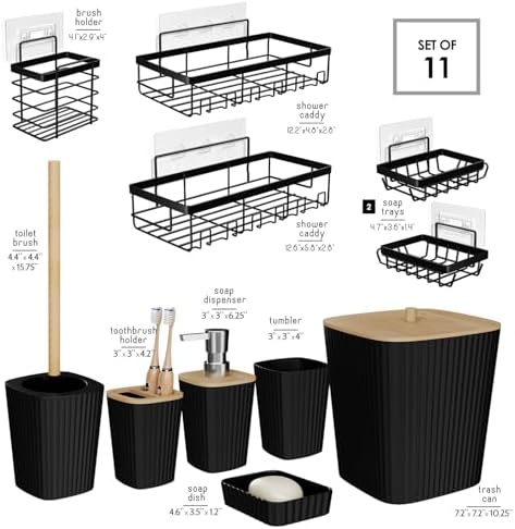 Clara Clark Bathroom Set - Black Bathroom Accessories Set, 6PC Bathroom Accessory Set, Bathroom Sets with Adhesive Corner Shower Caddy Hanging, Toilet Brush, Trash Can & Soap Dispenser