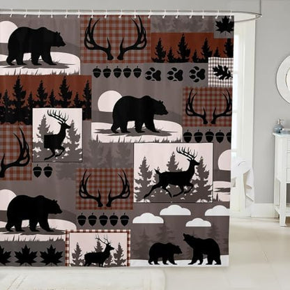 Rustic Plaid Shower Curtains Lodge Cabin Bear Bathroom Curtain for Kids Women Men Country Elk Moose Bathroom Accessories Woodland Grey Brown Waterproof Polyester Fabric for Stalls Bathtubs 72"x72"