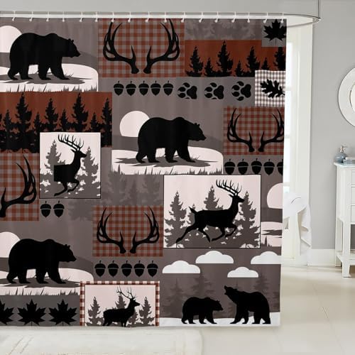 Rustic Plaid Shower Curtains Lodge Cabin Bear Bathroom Curtain for Kids Women Men Country Elk Moose Bathroom Accessories Woodland Grey Brown Waterproof Polyester Fabric for Stalls Bathtubs 72"x84"
