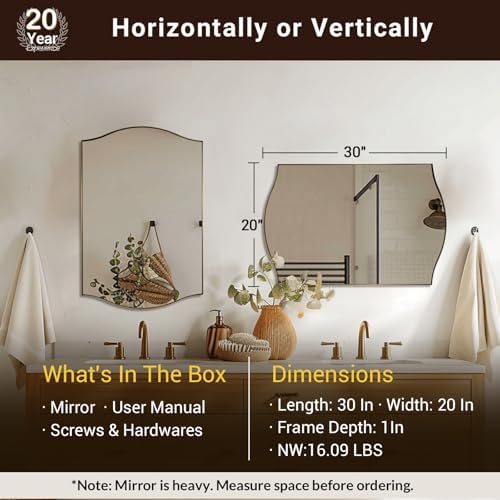 ANDY STAR Gold Bathroom Mirror, 20"x30" Scalloped Wall Mirror in Stainless Steel Metal Frame, Unique Vanity Mirror with Modern Curved Edge Design, Ideal for Bathroom, Bedroom, Entryway