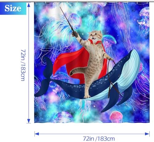 Aimego Funny Cat Shower Curtains - Cute Cat Riding Whale Shark on Space Galaxy Fantasy Jellyfish Fun Shower Curtain Set with 12 Hooks for Adults Kids Bathroom Decor Accessories, 72"x72"