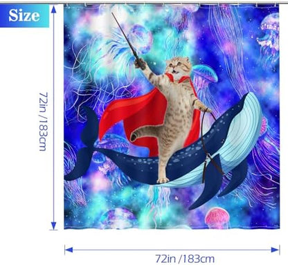 Aimego Funny Cat Shower Curtains - Cute Cat Riding Whale Shark on Space Galaxy Fantasy Jellyfish Fun Shower Curtain Set with 12 Hooks for Adults Kids Bathroom Decor Accessories, 72"x72"