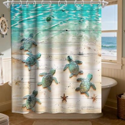 Green Beach Sea Turtle Shower Curtain Nautical Teal Theme Fabric Bathroom Blue Ocean Decor with Grommets and Hooks 72 x 78 Inch Blue