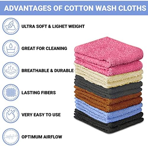 QUBA LINEN 100% Cotton Washcloth Set 24 Packs – Soft, Absorbent Face Towels for Bathroom & Gym Use – Reusable, Durable & Machine Washable Wash Cloths - Multi-Color, 12x12 Inches