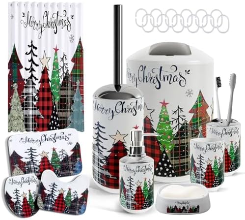 Clara Clark Bathroom Set - Christmas Bathroom Sets with Shower Curtain and Rugs, Xmas Bathroom Accessories Set, 22PC Christmas Shower Curtain Set with Liner, Soap Dispenser, Toilet Brush, & Trash Can