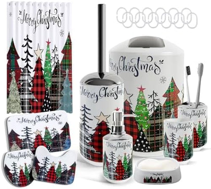 Clara Clark Bathroom Set - Christmas Bathroom Sets with Shower Curtain and Rugs, Xmas Bathroom Accessories Set, 22PC Christmas Shower Curtain Set with Liner, Soap Dispenser, Toilet Brush, & Trash Can