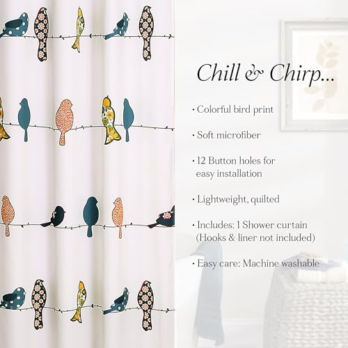 Lush Decor Rowley Birds Shower Curtain, 72” W x 72” L, Multi - Colorful Floral Bird Pattern - Whimsical & Playful Bird Shower Curtain - Farmhouse, Coastal, & Boho Bathroom Decor