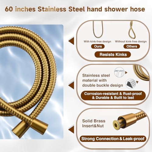 BRIGHT SHOWERS Dual Shower Head with Handheld, High Pressure Rainfall Shower Head Combo, 60-Inch Stainless Steel Hose, Brushed Gold