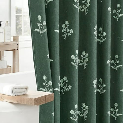 ORTIGIA Linen Shower Curtain 72 W x 84 L Farmhouse Vintage Dark Green Floral Long Shower Curtains Boho Rustic Block Print Cottagecore Decor for Bathroom