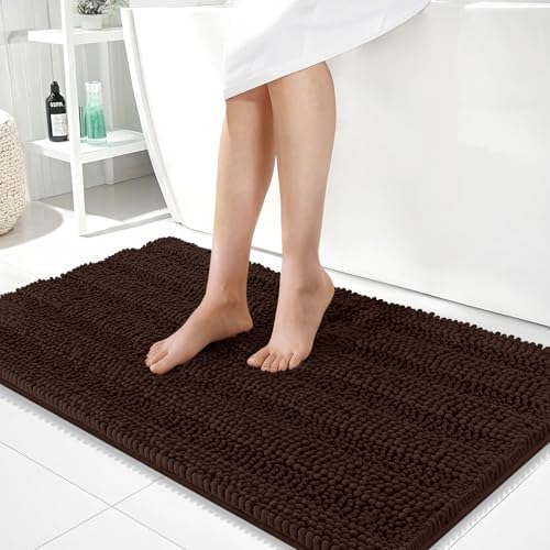 OLANLY Thick Large Bathroom Rugs 40x24, Soft Chenille Bath Rugs, Brown