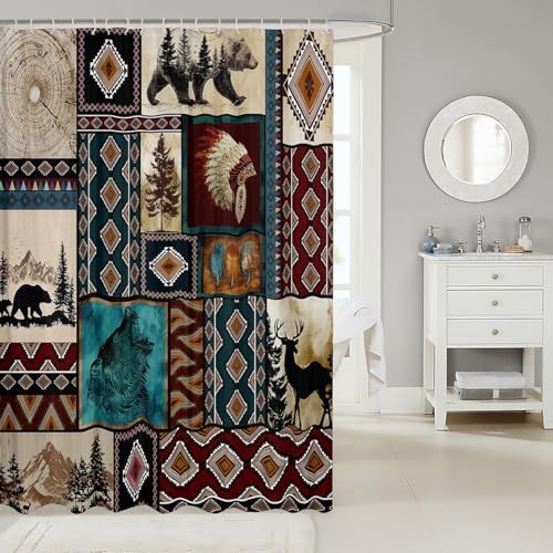 Rustic Cabin Shower Curtain Western Boho Bath Curtain Country Retro Aztec Southwest Native Bathroom Accessories Farmhouse Wildlife Camping Waterproof Polyester Fabric for Stalls Bathtubs 72"x78"