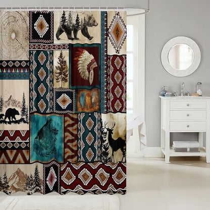 Rustic Cabin Shower Curtain Western Boho Bath Curtain Country Retro Aztec Southwest Native Bathroom Accessories Farmhouse Wildlife Camping Waterproof Polyester Fabric for Stalls Bathtubs 72"x78"