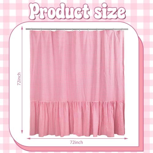 HunnmingRe Ruffle Hem Gingham Shower Curtain Pink