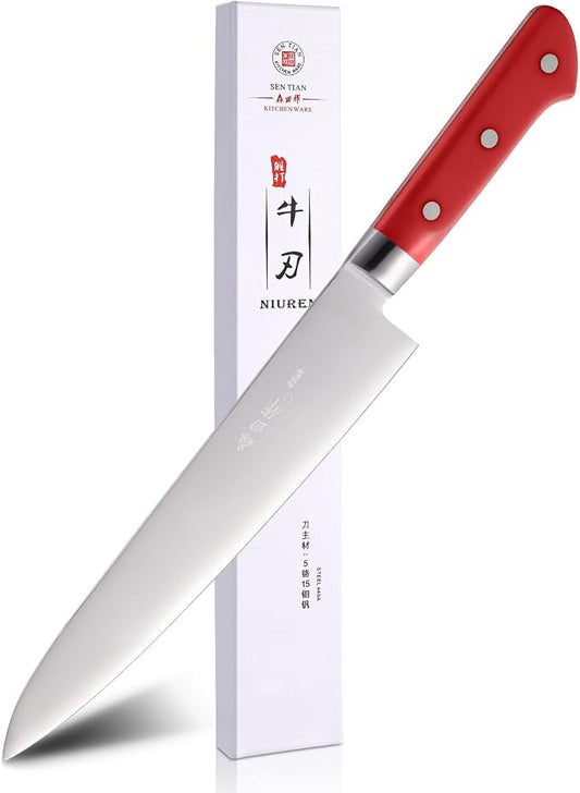 Japanese Chef Knife 9.5 inches,Professional Japanese Gyuto Knife with High Carbon Stainless Steel Blade with Red Ergonomic Handle for Household or Work