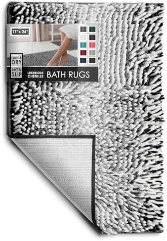 Hearth & Harbor Bathroom Rugs, Chenille Bath Mat - Machine Washable Bath Mats for Bathroom Non-Slip Backing Rubber, Quick Dry Bathroom Mat, 17 x 24 - Ombre Black