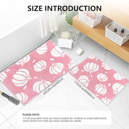 APROPHIC Fall Pumpkin Bath Mats for Bathroom, Thanksgving Super Absorbent Non-Slip Microfiber Shaggy Bath Rugs, Autumn Bathroom Mat for Shower, Tub, Sink, Decor, Machine Washable, 20x30 in, Pink