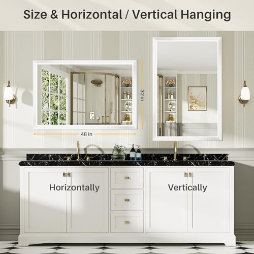 Briivue Bathroom Wall Mirror, White Metal Frame, 48x32 Inch