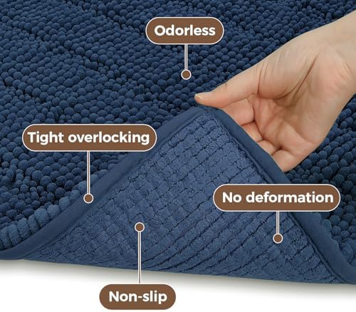 Bcoimo Bath Rug Mat Set, 2 Piece Thick Absorbent Chenille Bathroom Mat Navy