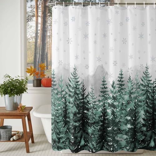 Shower Curtain Bathroom Set Christmas Tree Forest Gradient Green Waterproof Shower Curtains with Grommets Hooks Winter Snowflakes Gray Privacy Bath Curtain for Bathtub Decor 72x72in