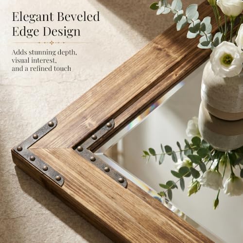 Rustic Brown 24x36 Inch Wood Bathroom Vanity Mirror, Rivets