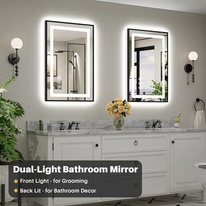 24x36 Inch LED Bathroom Mirror with Black Frame, Backlit & Front Lit
