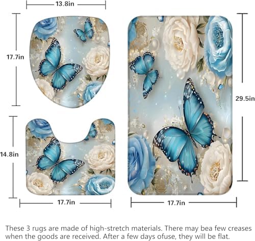 Chrainy 4pcs Rose Butterflies Shower Cutain Set Bathroom Decor with Rugs
