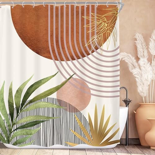 Mid Century Green Boho Abstract Modern Brown Bathroom Shower Curtain Set
