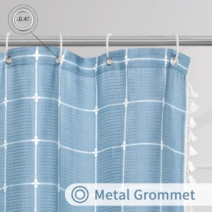 Gibelle Blue Boho Farmhouse Shower Curtain with Tassels, Rustic Cottagecore Aesthetic Bohemian Chic Modern Bathroom Decor Thick Waffle Textured Fabric Shower Curtain Set with Hooks, 72x72