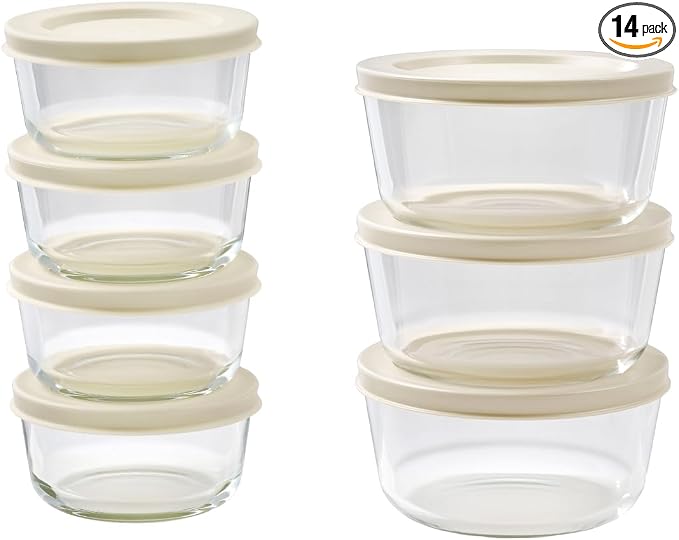 14-Piece Glass Food Storage Containers Set (7 Containers + 7 BPA-Free Lids) | 1-Cup & 2-Cup, Leakproof | Microwave, Freezer, Oven & Dishwasher Safe | Ideal for Meal Prep & Pantry Organization, Beige
