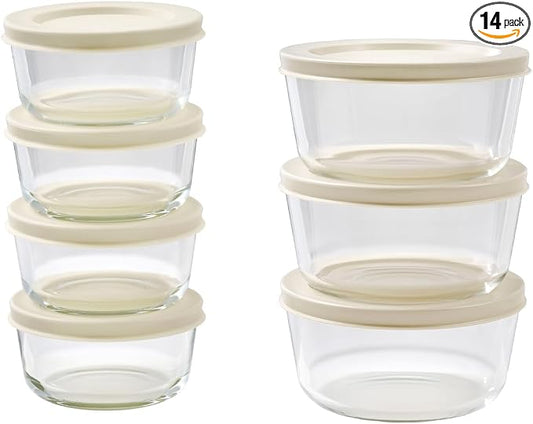 14-Piece Glass Food Storage Containers Set (7 Containers + 7 BPA-Free Lids) | 1-Cup & 2-Cup, Leakproof | Microwave, Freezer, Oven & Dishwasher Safe | Ideal for Meal Prep & Pantry Organization, Beige