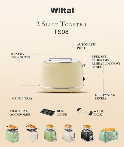 Wiltal Toaster Retro 2 Slice, Vintage White Toaster with Lid, with Bread Attachment, Preheat, Defrost And Cancel Functions, 6 Browning Levels (Beige)