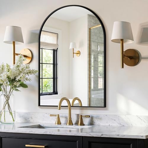FGU Arched Bathroom Mirror for Over Sink 30"x20" Black Vanity Mirror
