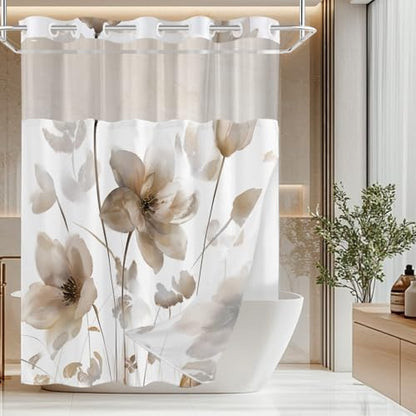 No Hook Shower Curtain and Liner Set, Brown Boho Floral 71x74