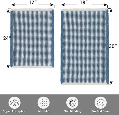 MIULEE Set of 2 Waffle Bathroom Rugs Blue&Cream Bath Mat 17"x24"+18"x30"